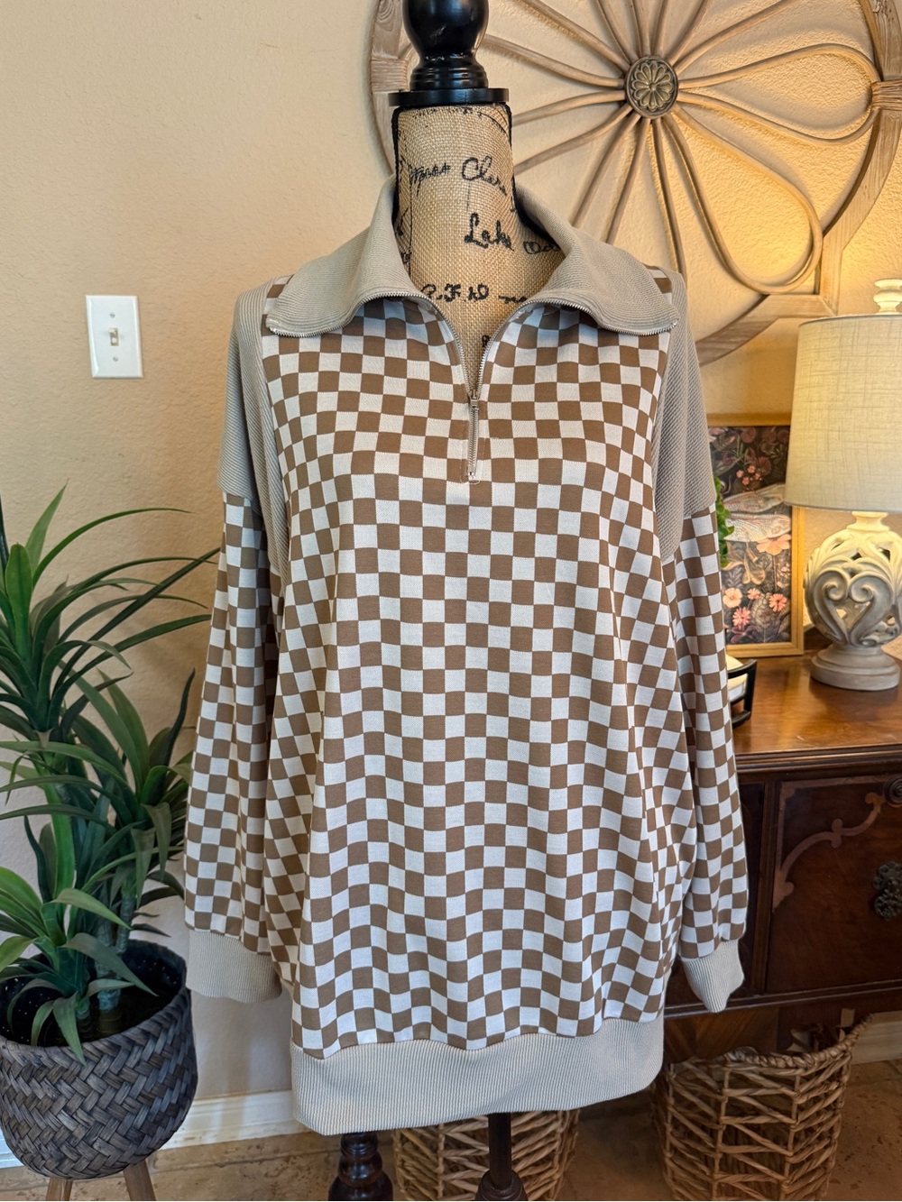 New Ces Femme Checkered Quarter-Zip Long Sleeve Top - Oversized